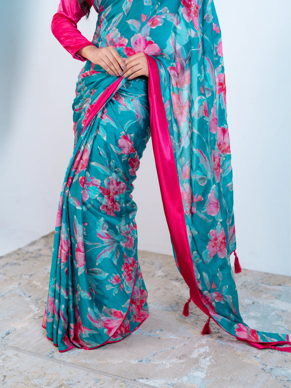 Sky Blue Craft Chiffon Saree with Blouse