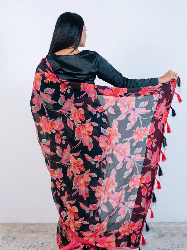 Black Craft Chiffon Saree with Blouse Piece