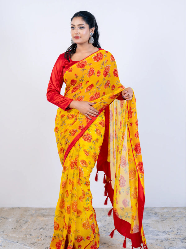 Yellow Soft Georgette Saree with Satin Blouse