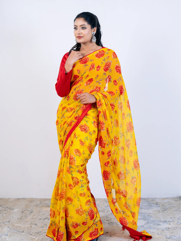Yellow Soft Georgette Saree with Satin Blouse