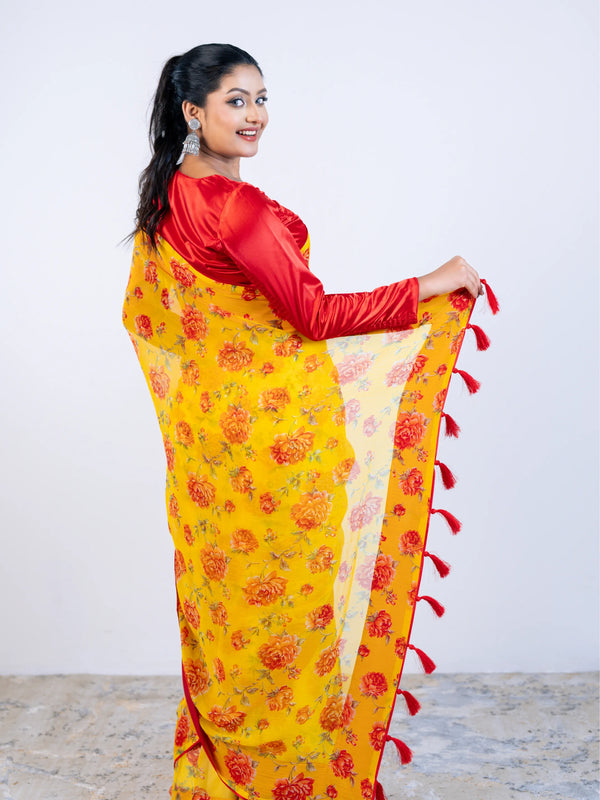 Yellow Soft Georgette Saree with Satin Blouse