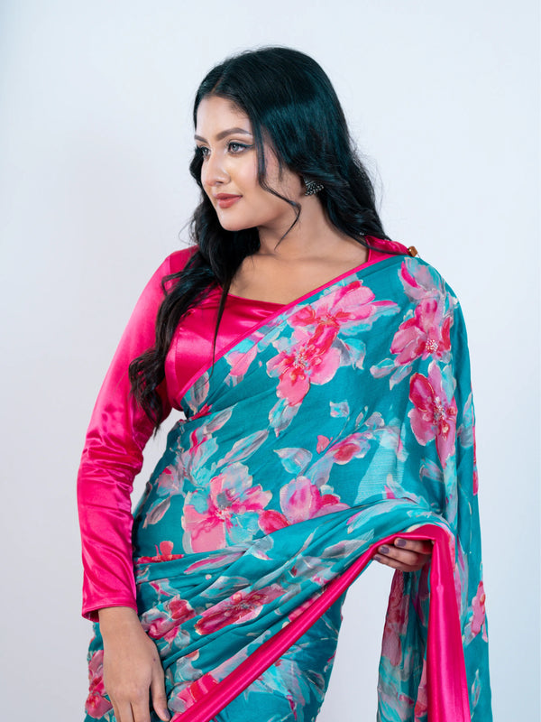 Sky Blue Craft Chiffon Saree with Blouse