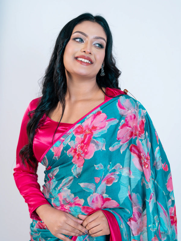 Sky Blue Craft Chiffon Saree with Blouse