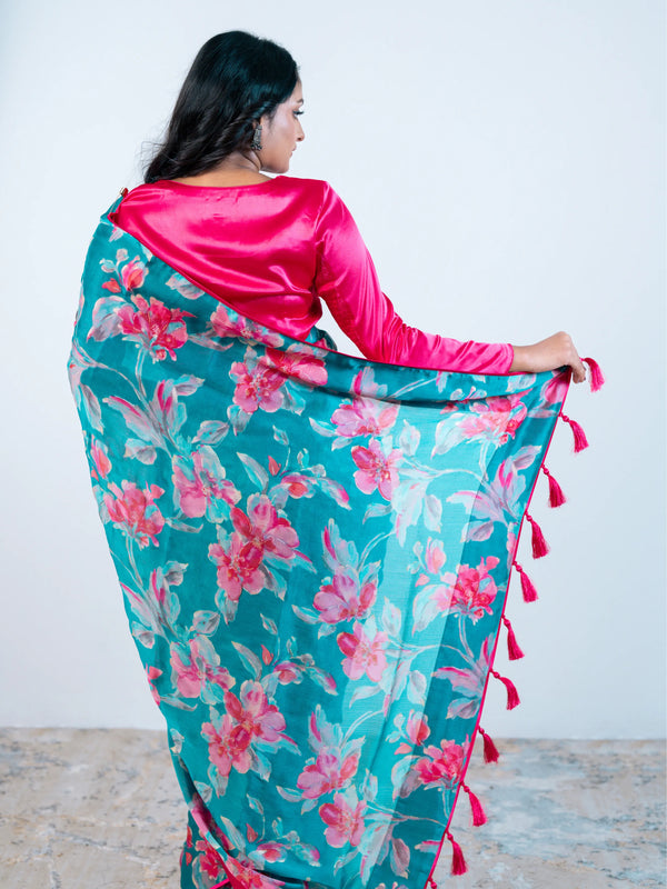 Sky Blue Craft Chiffon Saree with Blouse