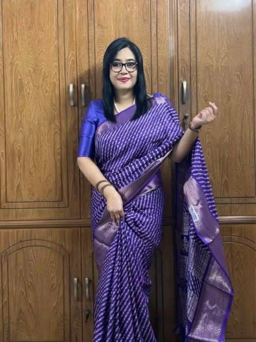 Elegant Purple Soft Silk Leheriya Saree with Silver Zari Border