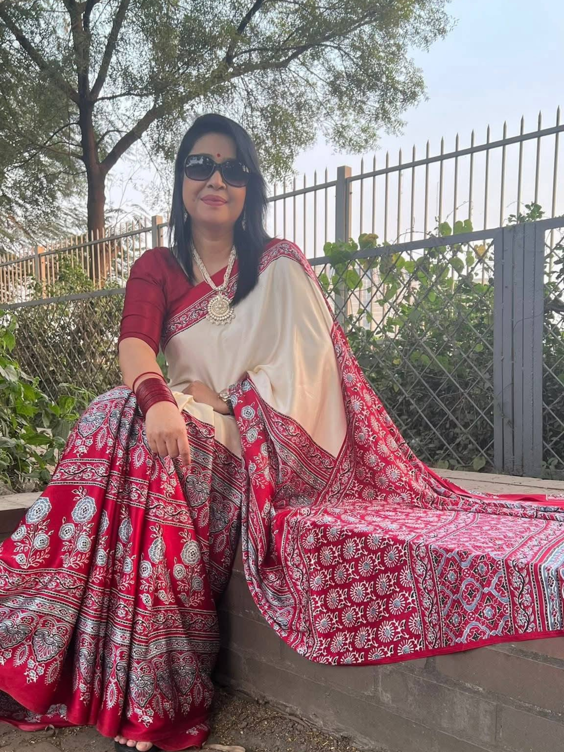 Exquisite Red & Off-White Ajrakh Print Soft Silk Saree