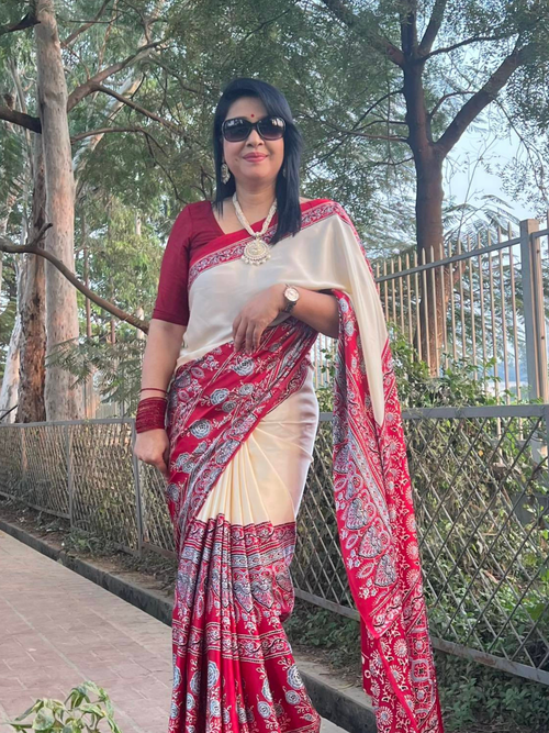 Exquisite Red & Off-White Ajrakh Print Soft Silk Saree