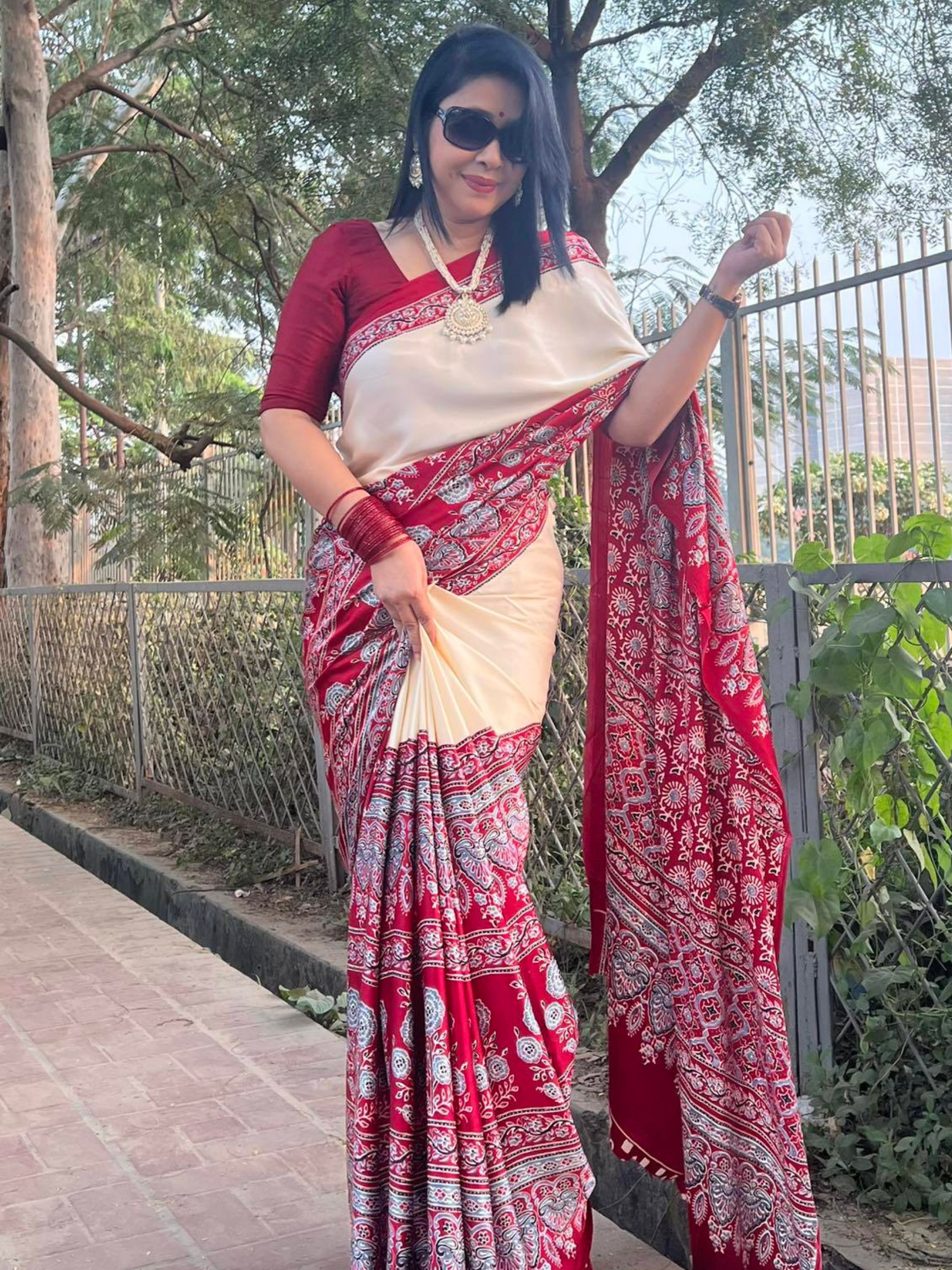 Exquisite Red & Off-White Ajrakh Print Soft Silk Saree