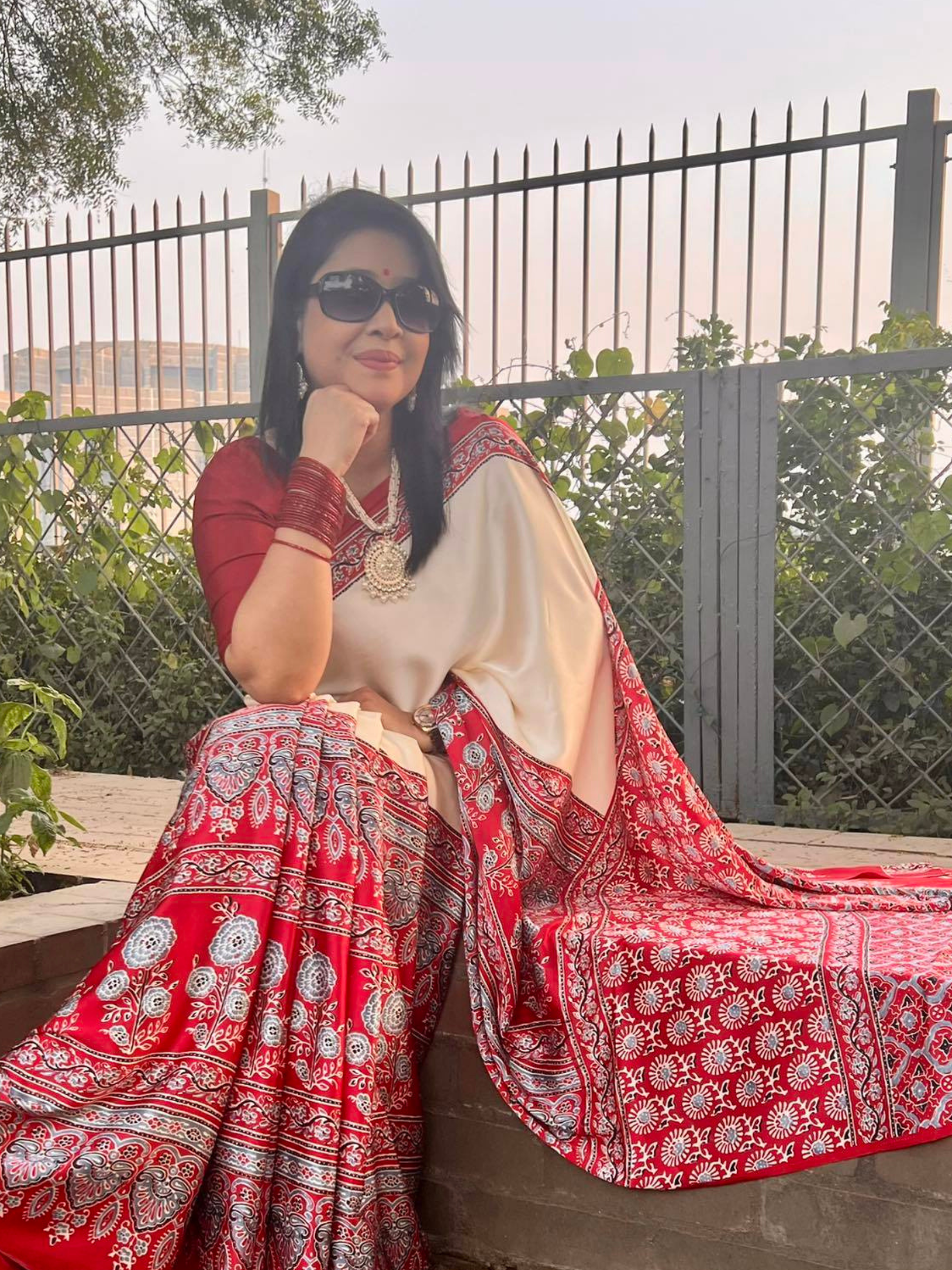Exquisite Red & Off-White Ajrakh Print Soft Silk Saree