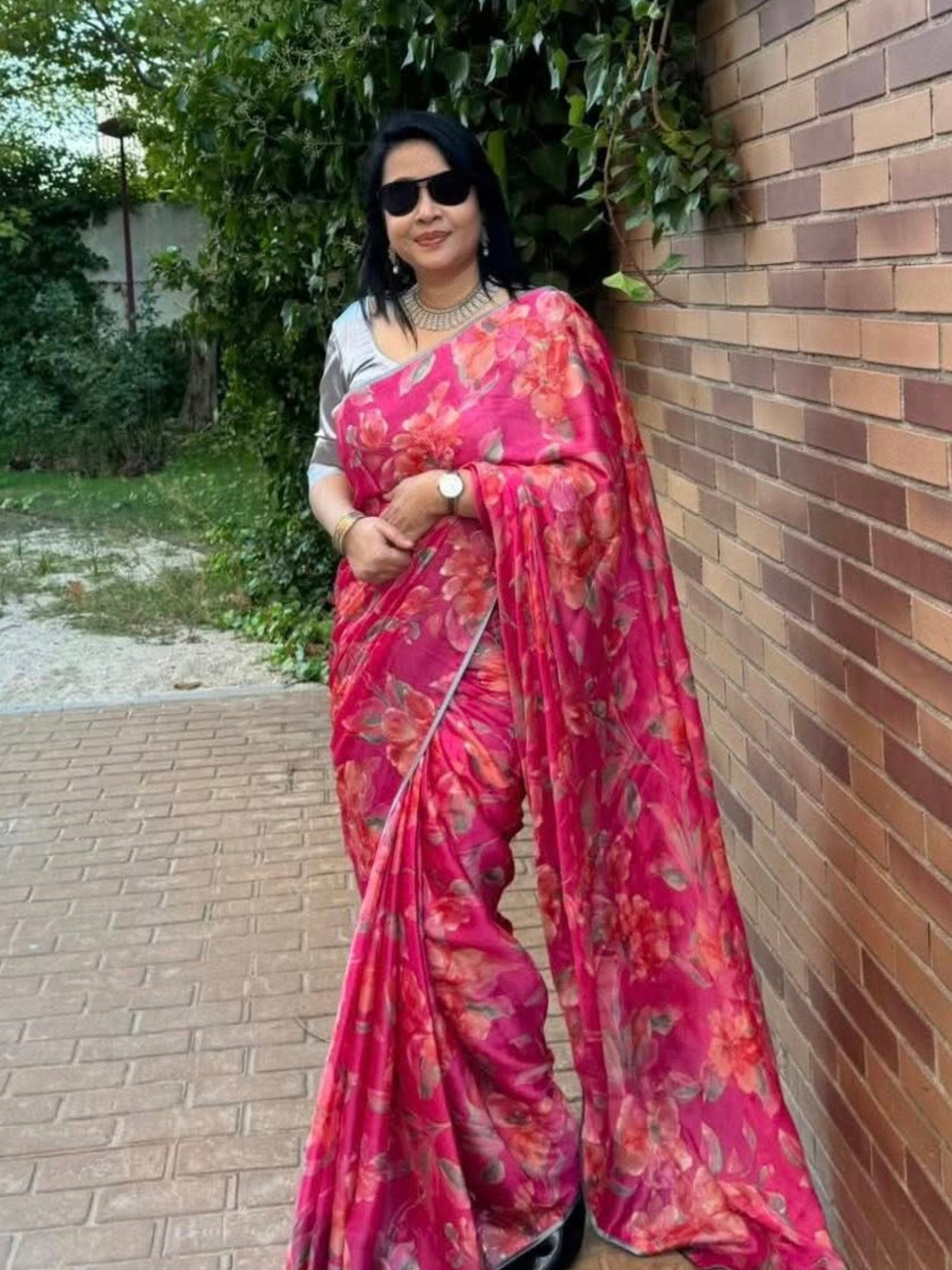 Vibrant Pink Floral Soft Chiffon Saree