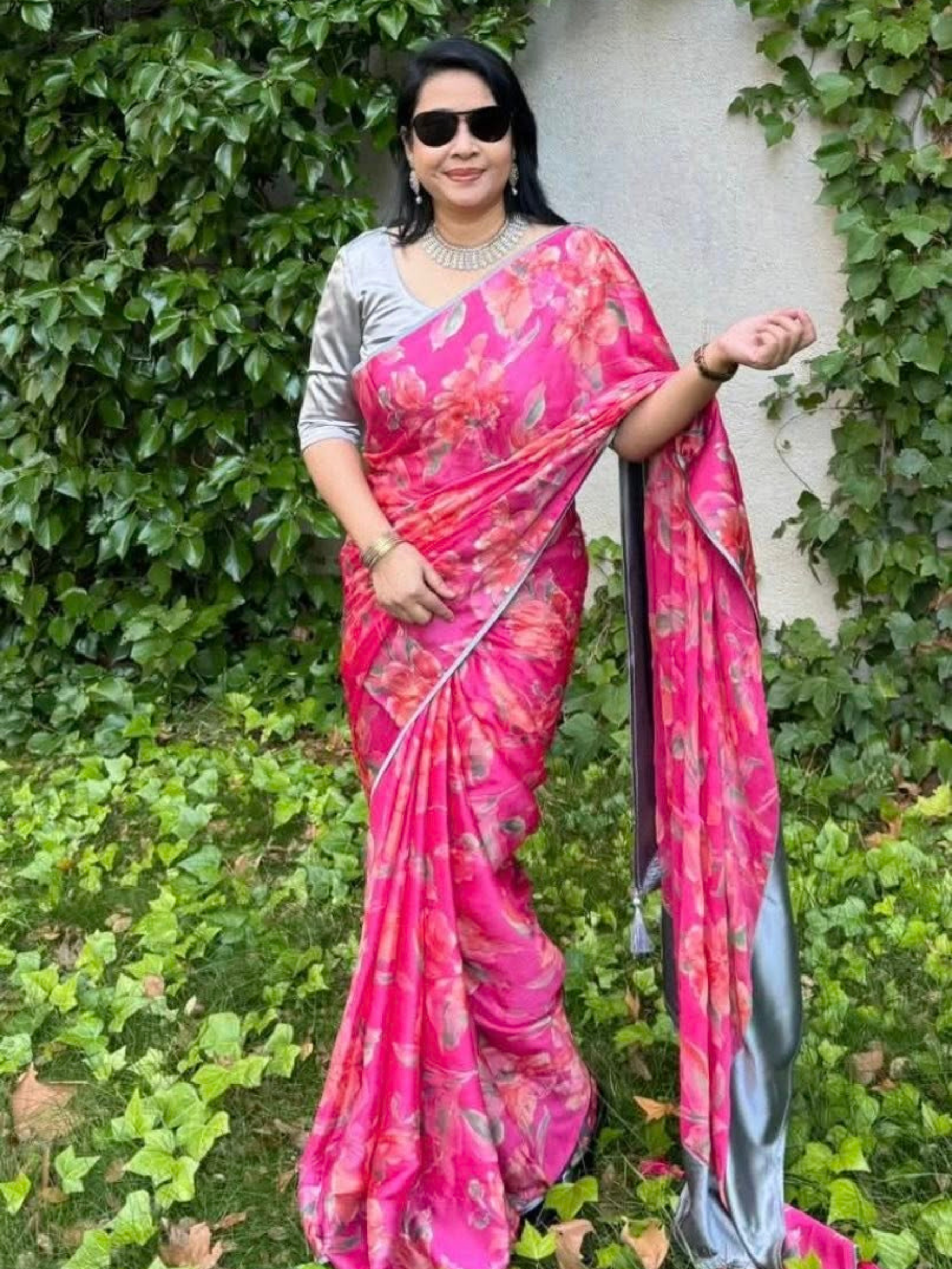 Vibrant Pink Floral Soft Chiffon Saree