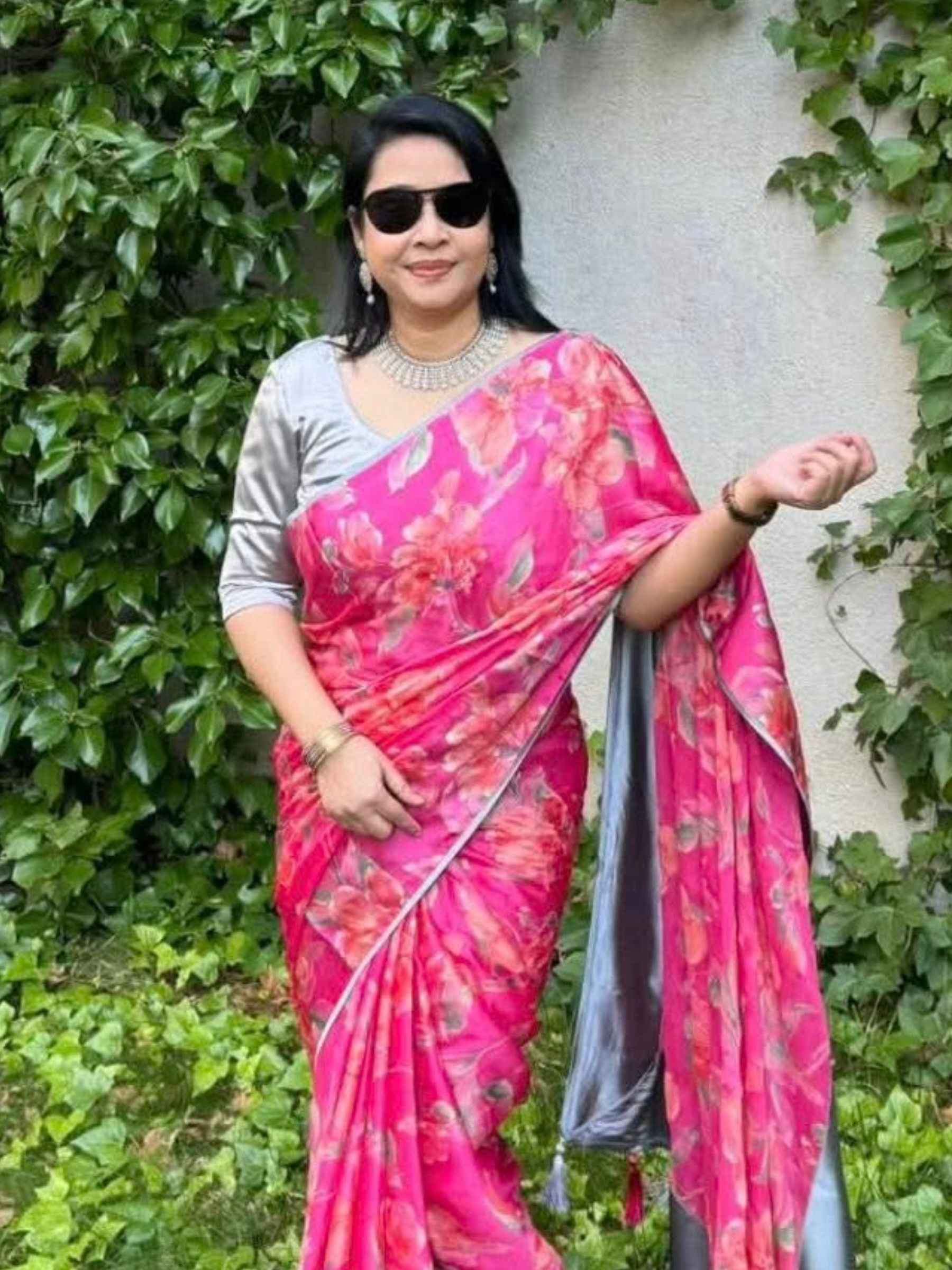 Vibrant Pink Floral Soft Chiffon Saree